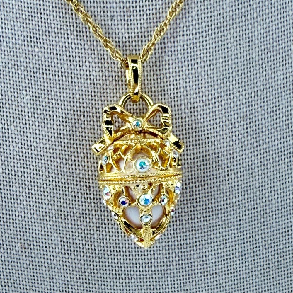 Vintage Joan Rivers "Secret of the Scroll" Fabergé-style egg locket necklace.